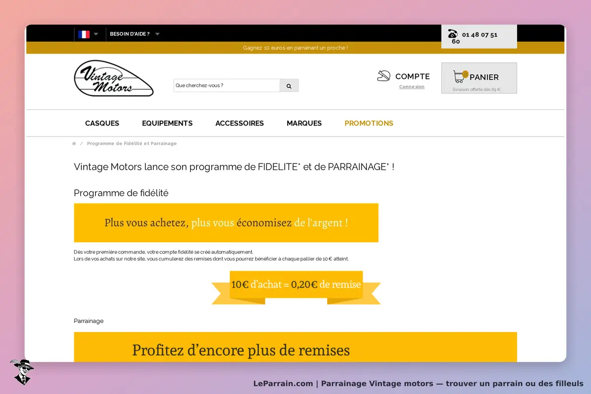 Vintage Motors : page sur le programme de fidélité et de parrainage avec des informations visibles