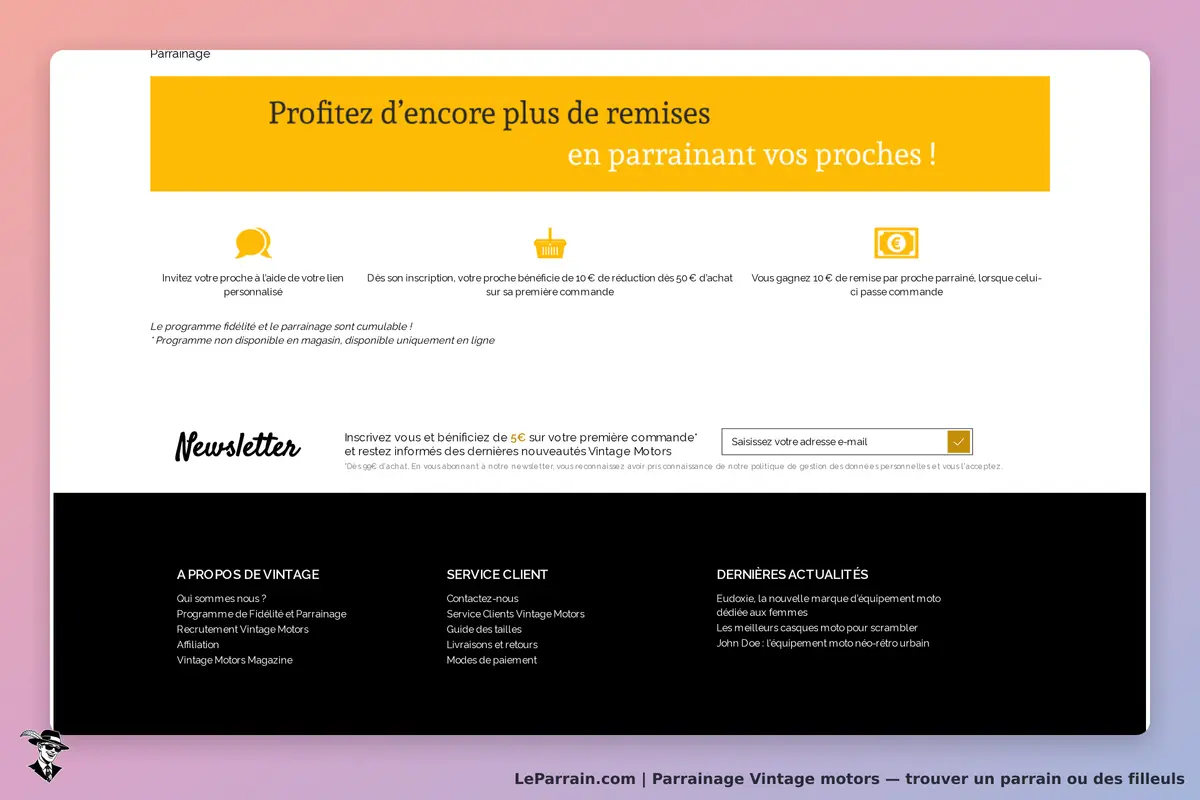 Vintage motors : section de parrainage avec informations et inscription à la newsletter