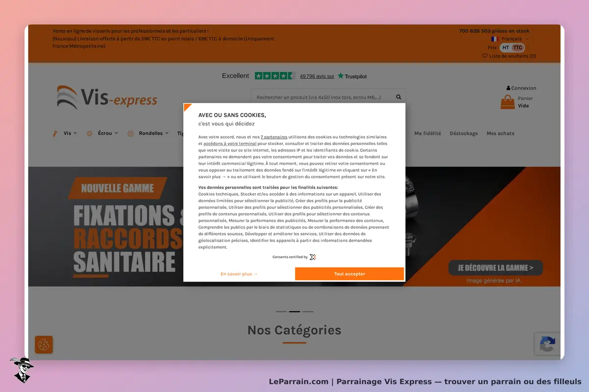Vis Express : page d'accueil avec un message sur les cookies et une nouvelle gamme de produits