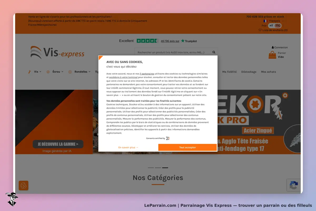 Vis Express : page d'accueil avec message sur les cookies et catégories de produits visibles