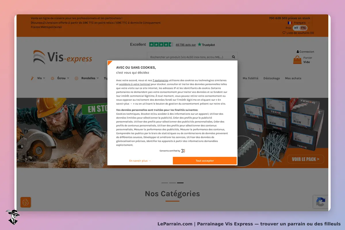 Vis Express : page d'accueil avec message sur les cookies et produits de quincaillerie affichés