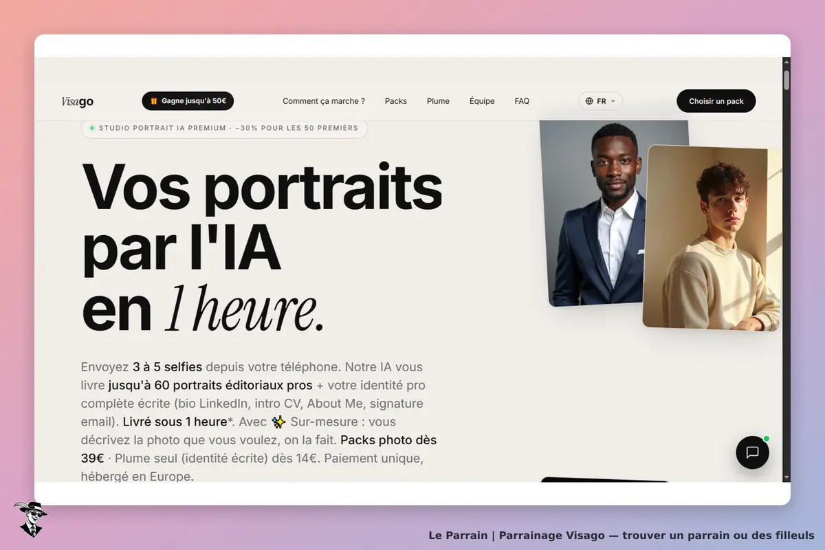 Visago : page d'accueil avec portraits et texte sur les services de portraits par IA