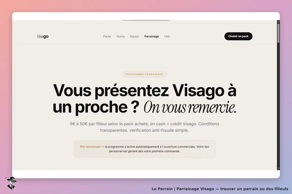 Visago : page d'accueil présentant le programme de parrainage avec un message d'invitation