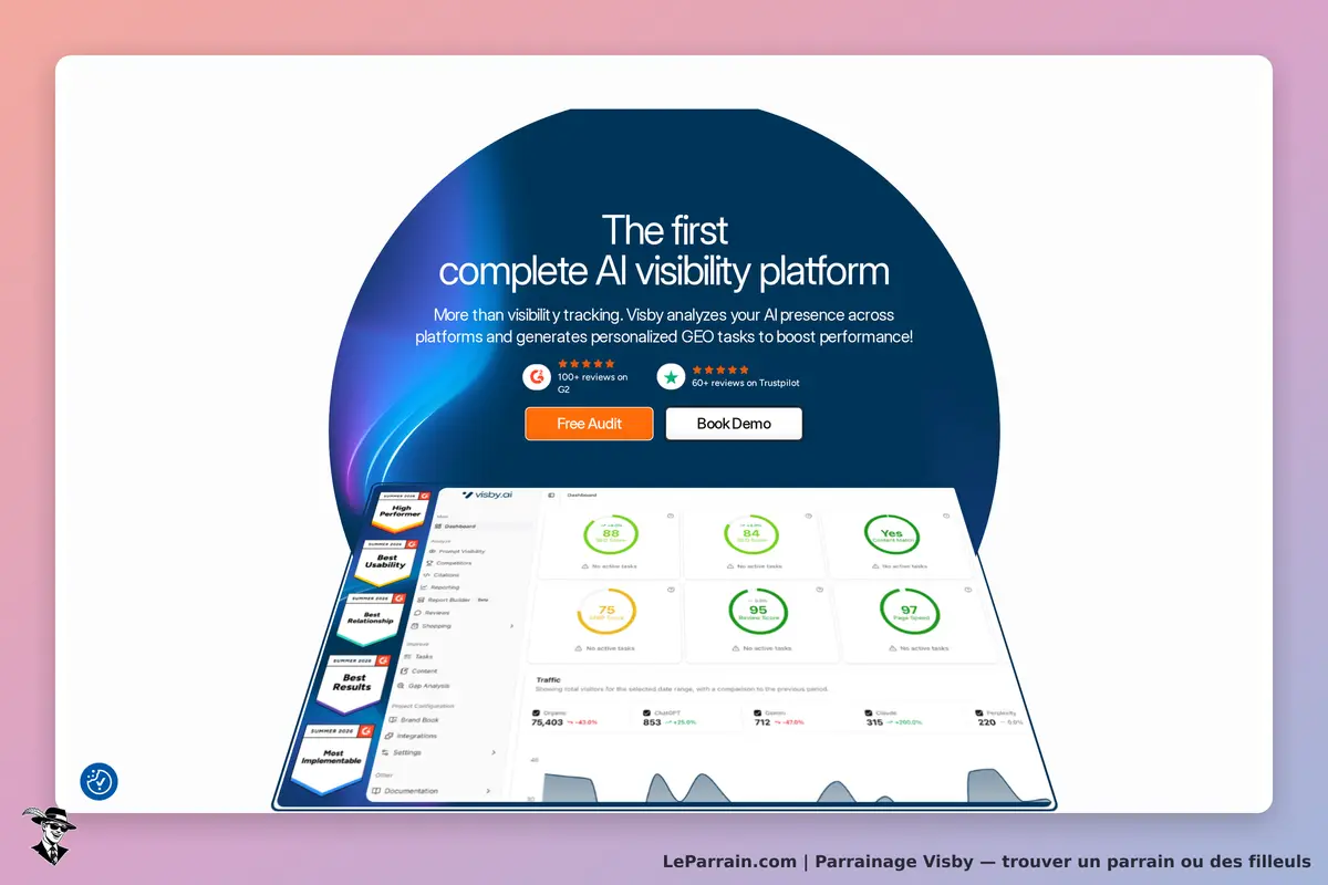 Interface de la plateforme Visby pour l'analyse de visibilité AI. Options de démo et audit.