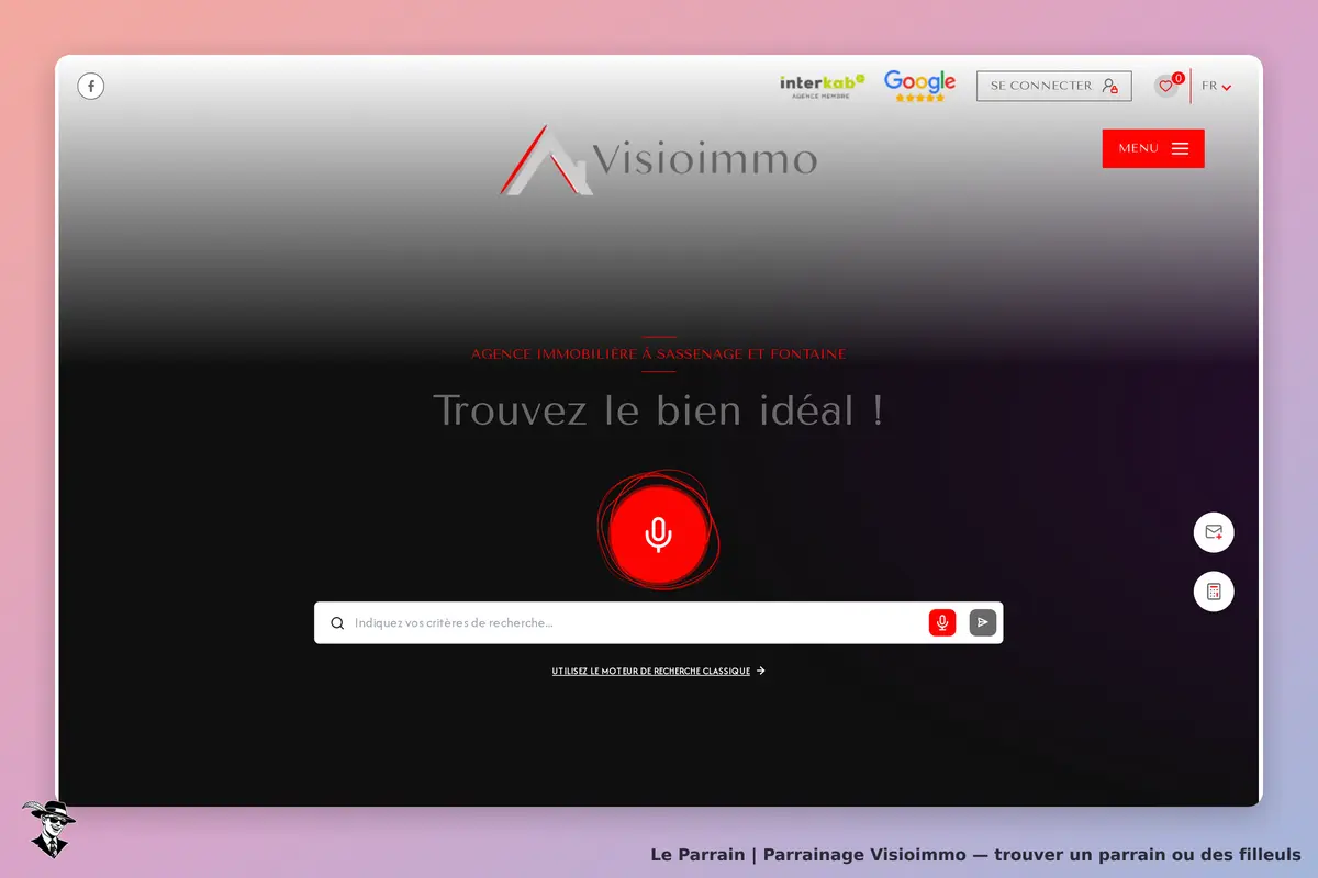 Visioimmo : page d'accueil avec logo, barre de recherche et bouton vocal pour trouver un bien