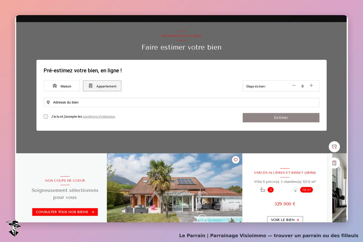 Visioimmo : page d'accueil avec un formulaire d'estimation de bien immobilier et une villa affichée