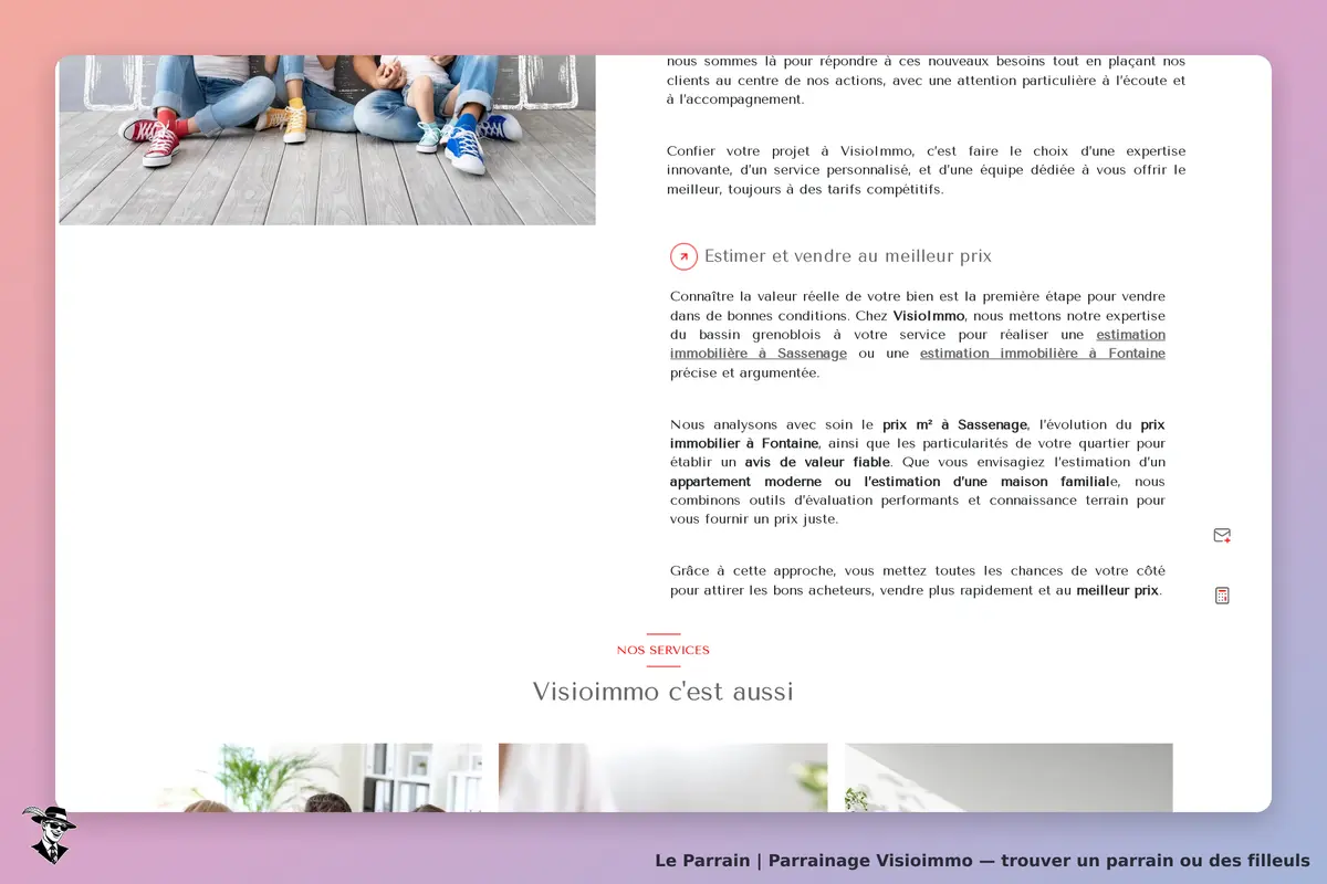 Visioimmo : page d'accueil présentant des services d'estimation et vente immobilière