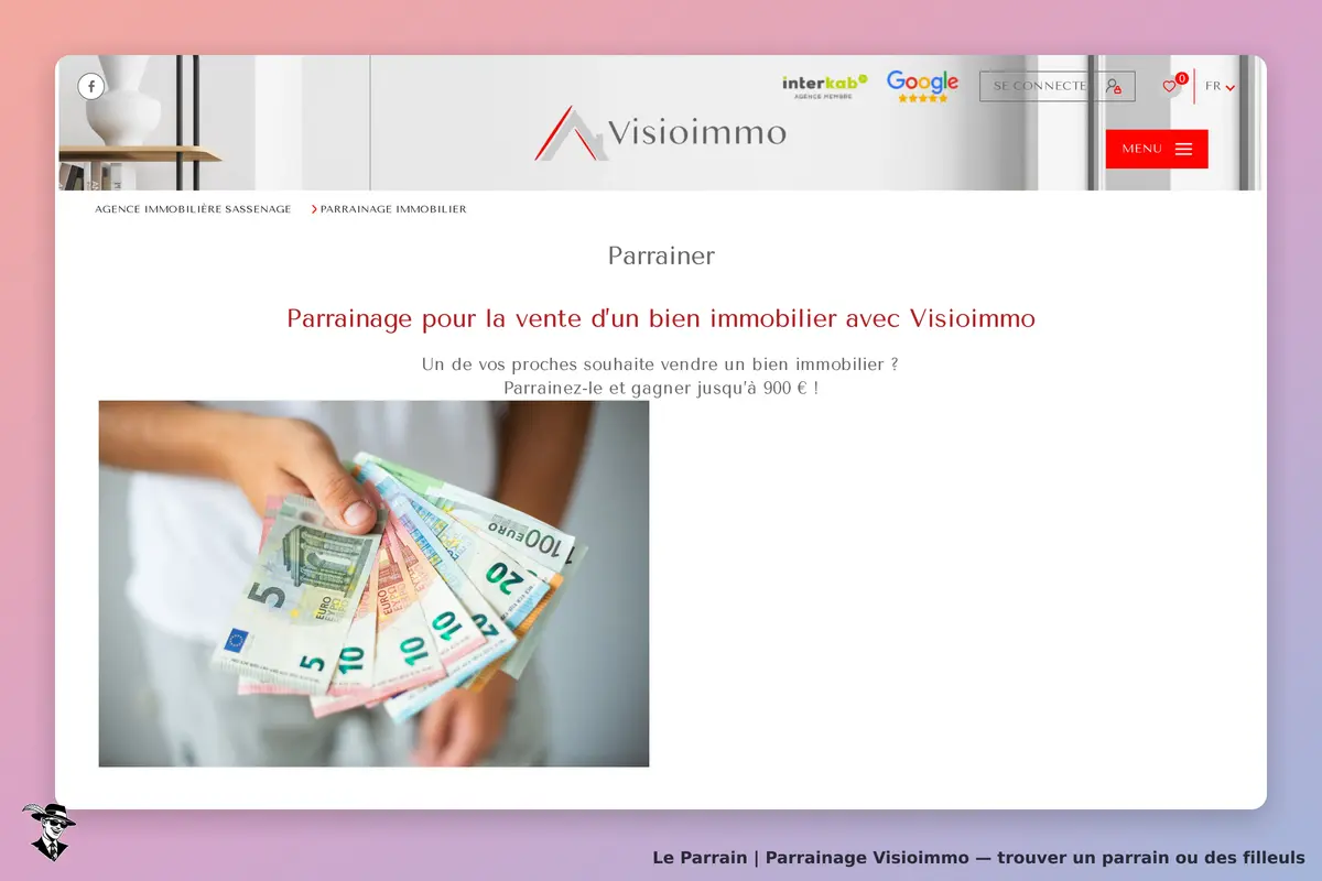 Visioimmo : page de parrainage avec des billets de banque tenus en main