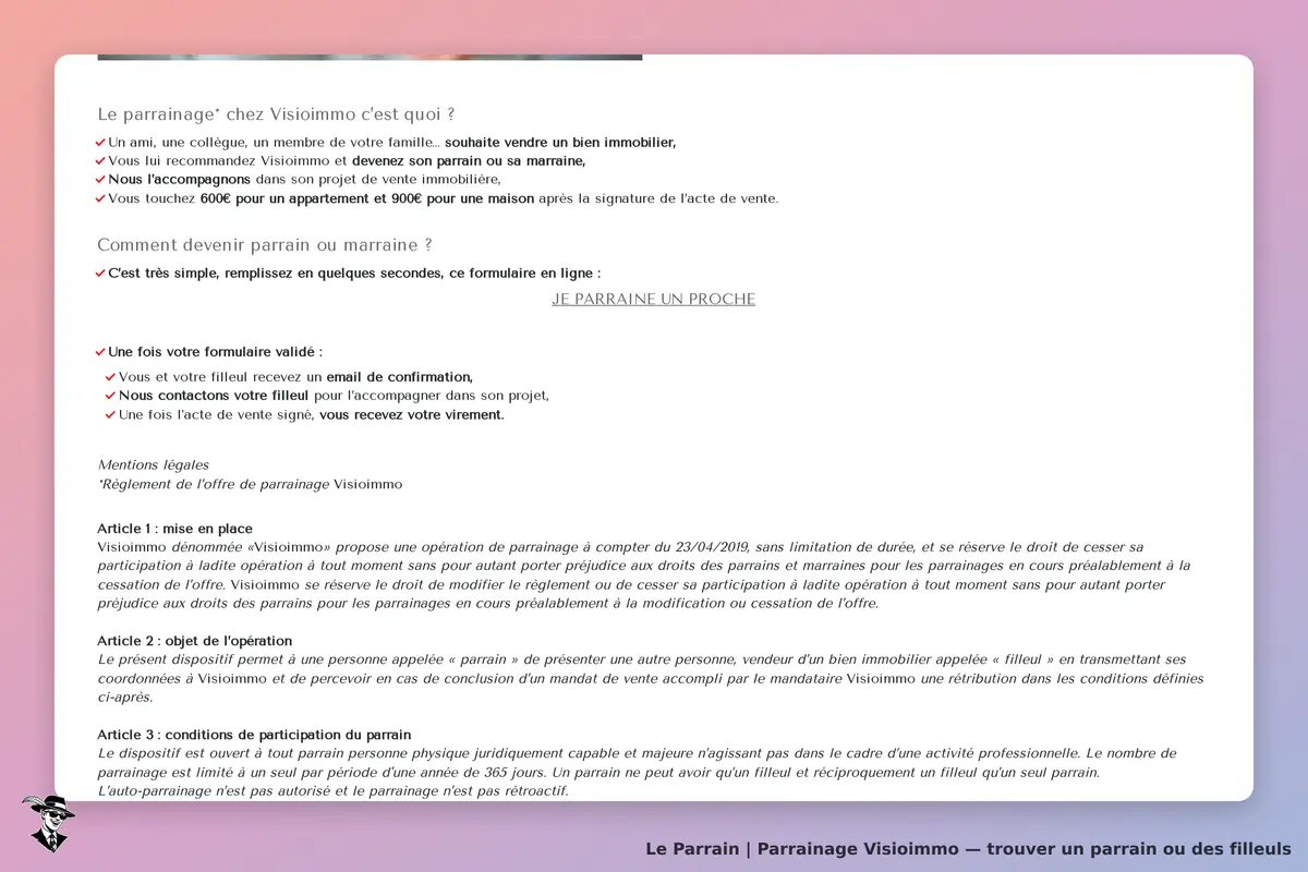 Visioimmo : explication du parrainage et formulaire à remplir pour devenir parrain ou marraine