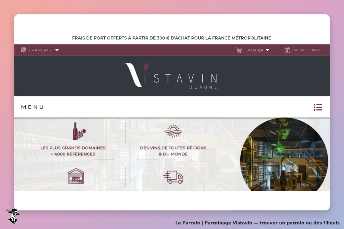 Vistavin : page d'accueil avec logo, menu et images de vins et cave à vin
