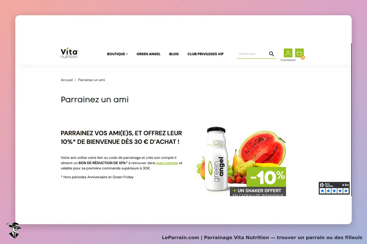 Vita Nutrition : page d'accueil avec section de parrainage et produit Green Angel affiché