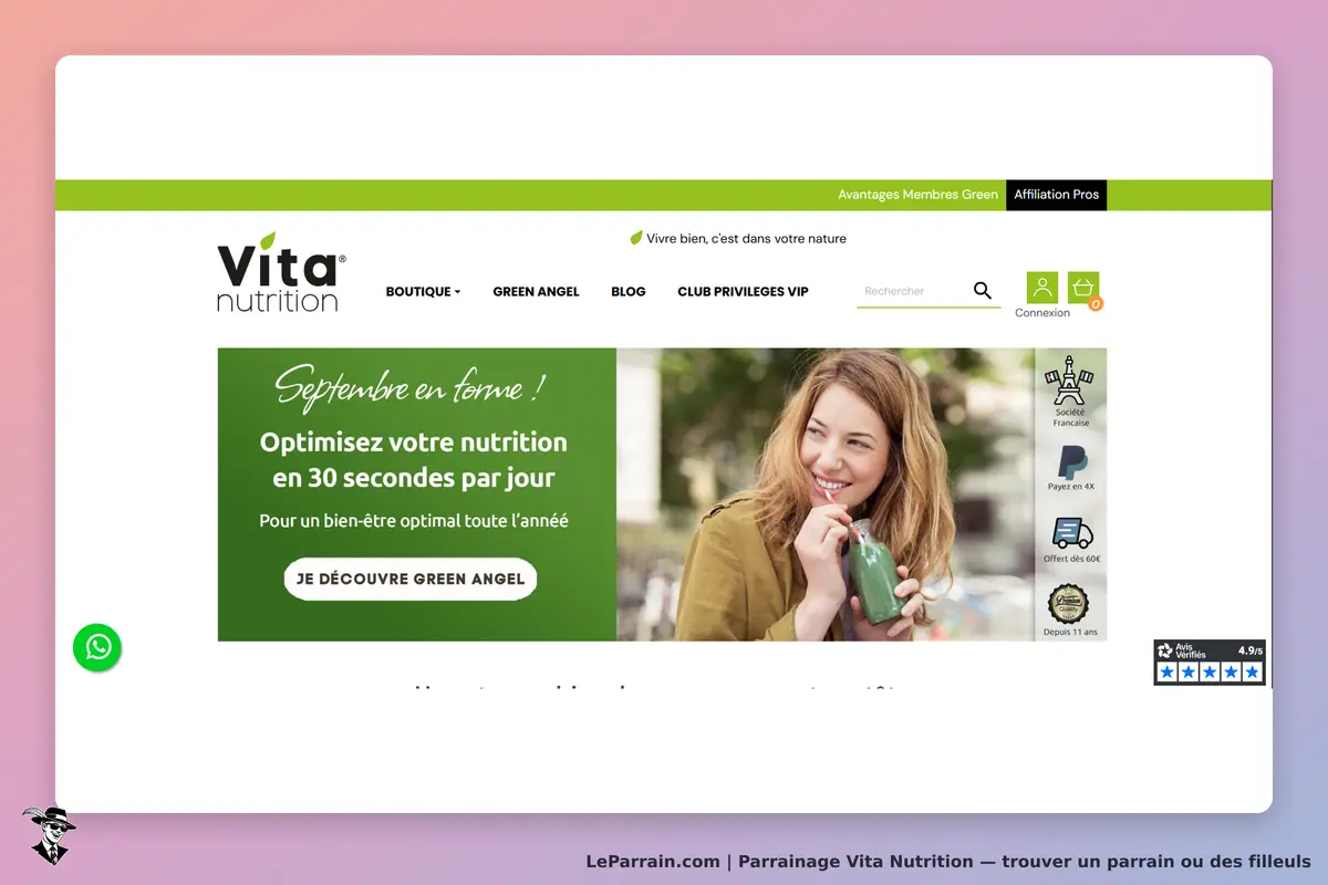 Vita Nutrition : page d'accueil avec une femme buvant un smoothie vert et un message promotionnel