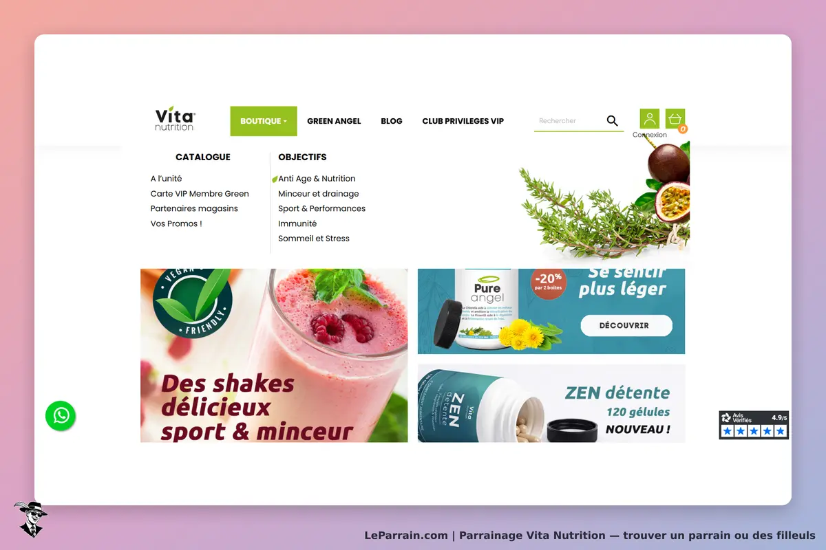 Vita Nutrition : page d'accueil avec produits, catalogue et objectifs de santé affichés