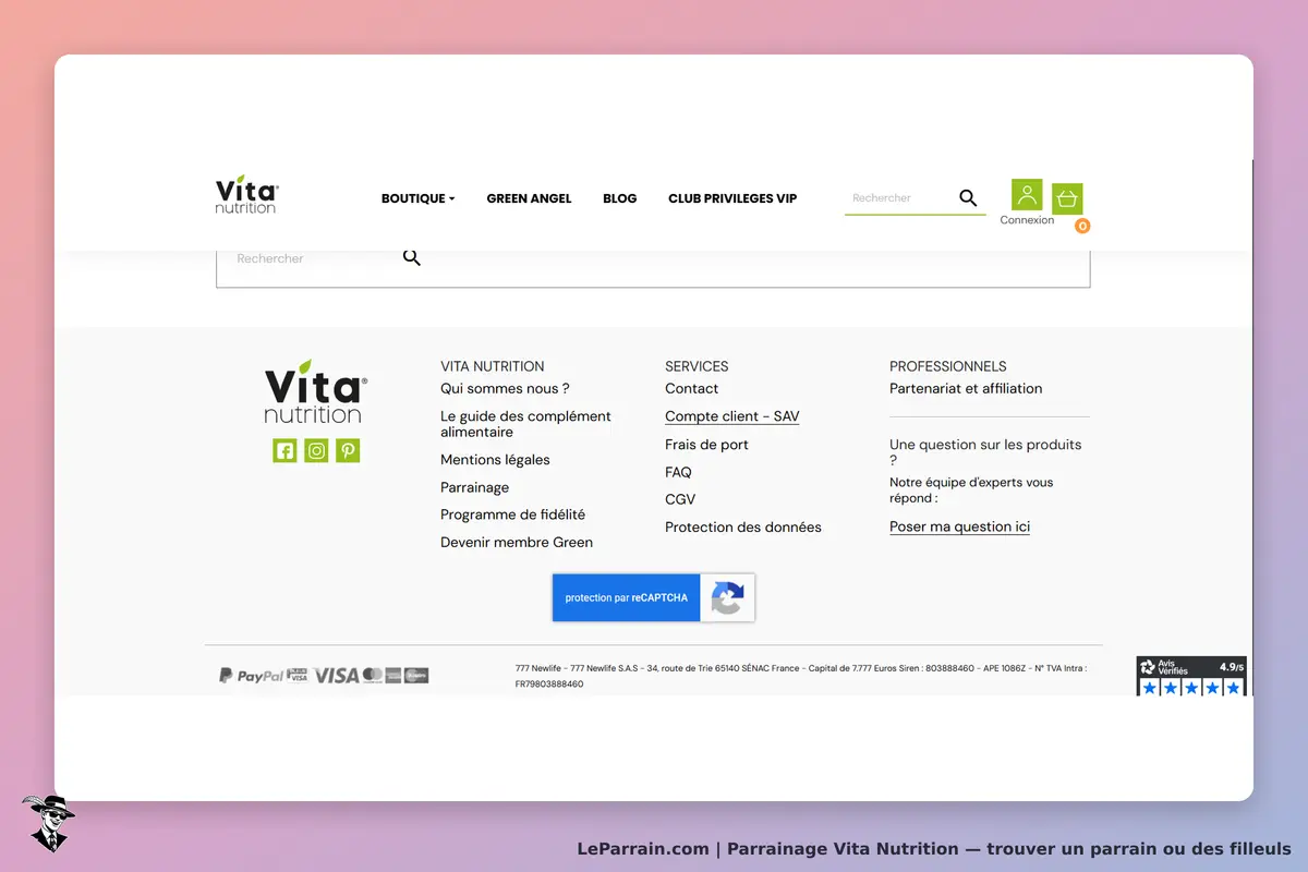 Vita Nutrition : page d'accueil avec menu, options de service et logos de paiement en bas