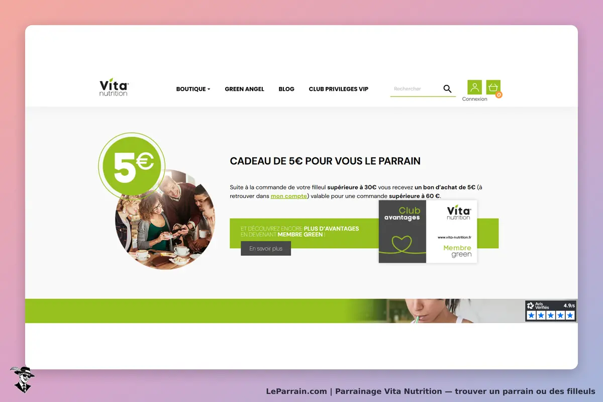 Vita Nutrition : page d'accueil avec offre de parrainage et visuel de groupe autour d'une table