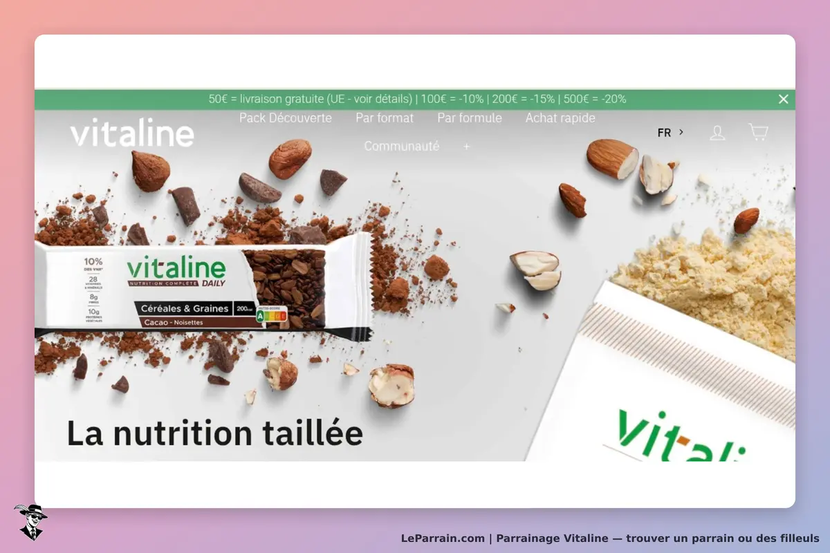 Vitaline : barre nutritionnelle avec ingrédients et slogan "La nutrition taillée"