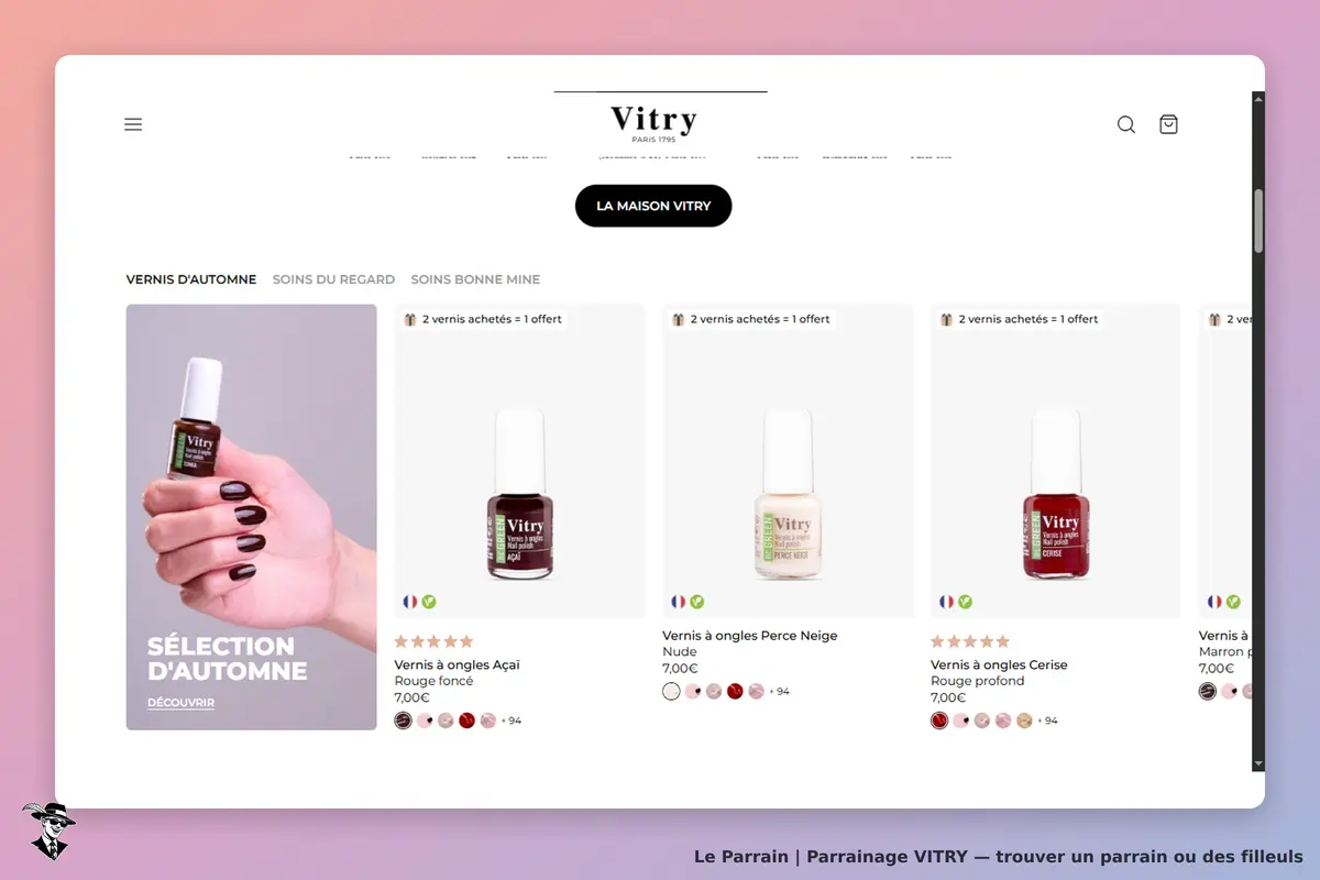 Vitry : page d'accueil présentant des vernis à ongles avec une main et plusieurs produits affichés