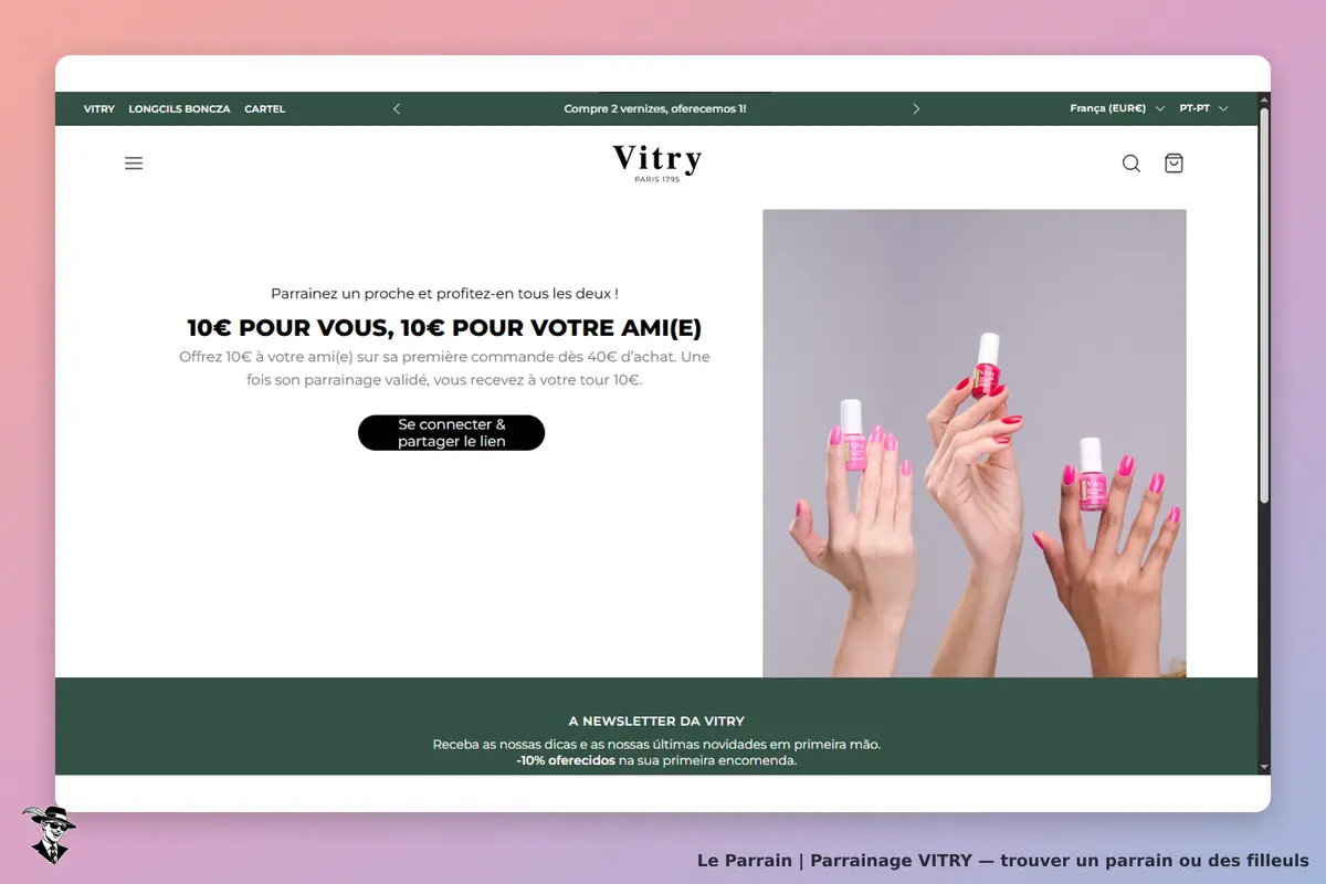 Vitry : page d'accueil présentant des vernis à ongles et un appel au parrainage