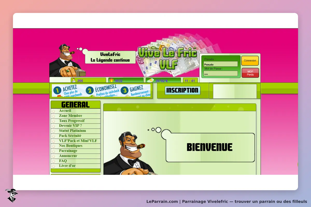 Vivelefric : page d'accueil avec un personnage souriant et un message de bienvenue