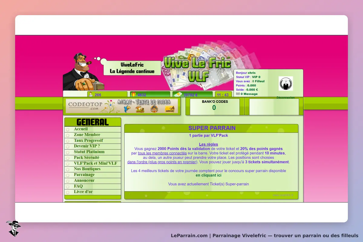 Vivelefric : vive Le Fric : page d'accueil avec informations sur le parrainage et options de