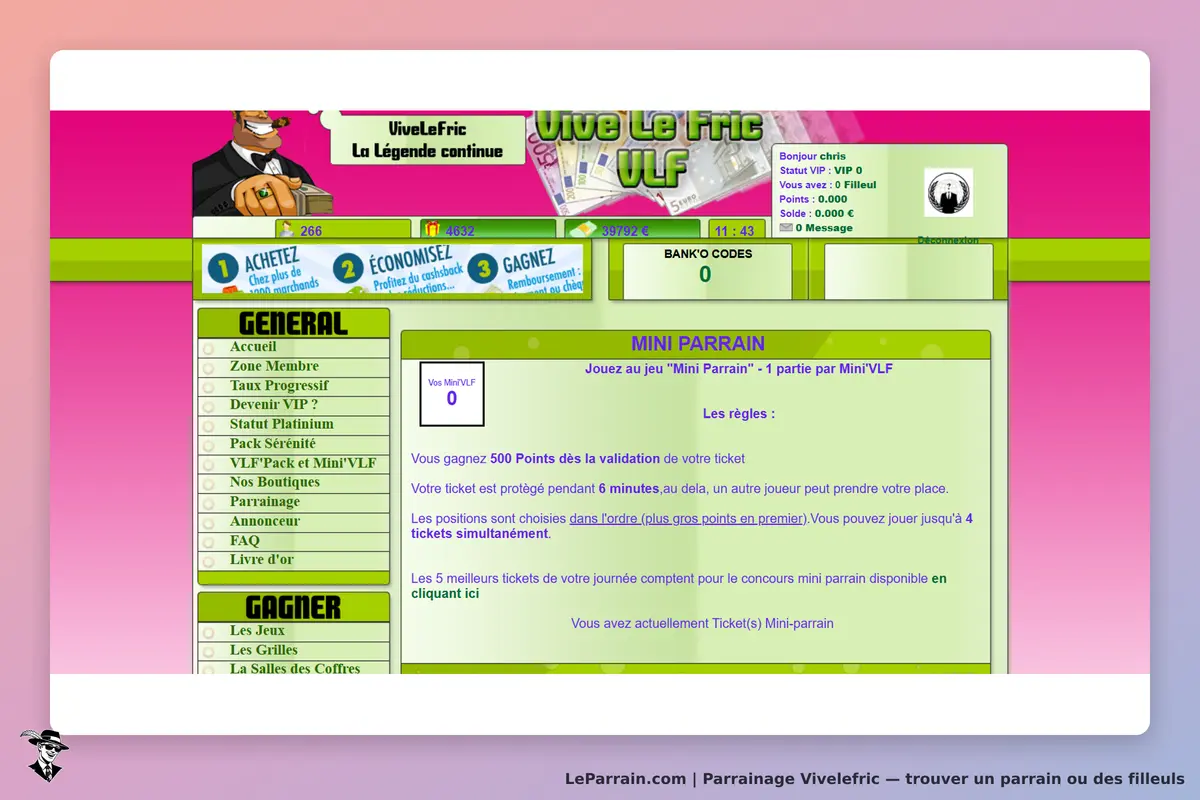 Vivelefric : page d'accueil avec le jeu "Mini Parrain" et des informations sur les règles