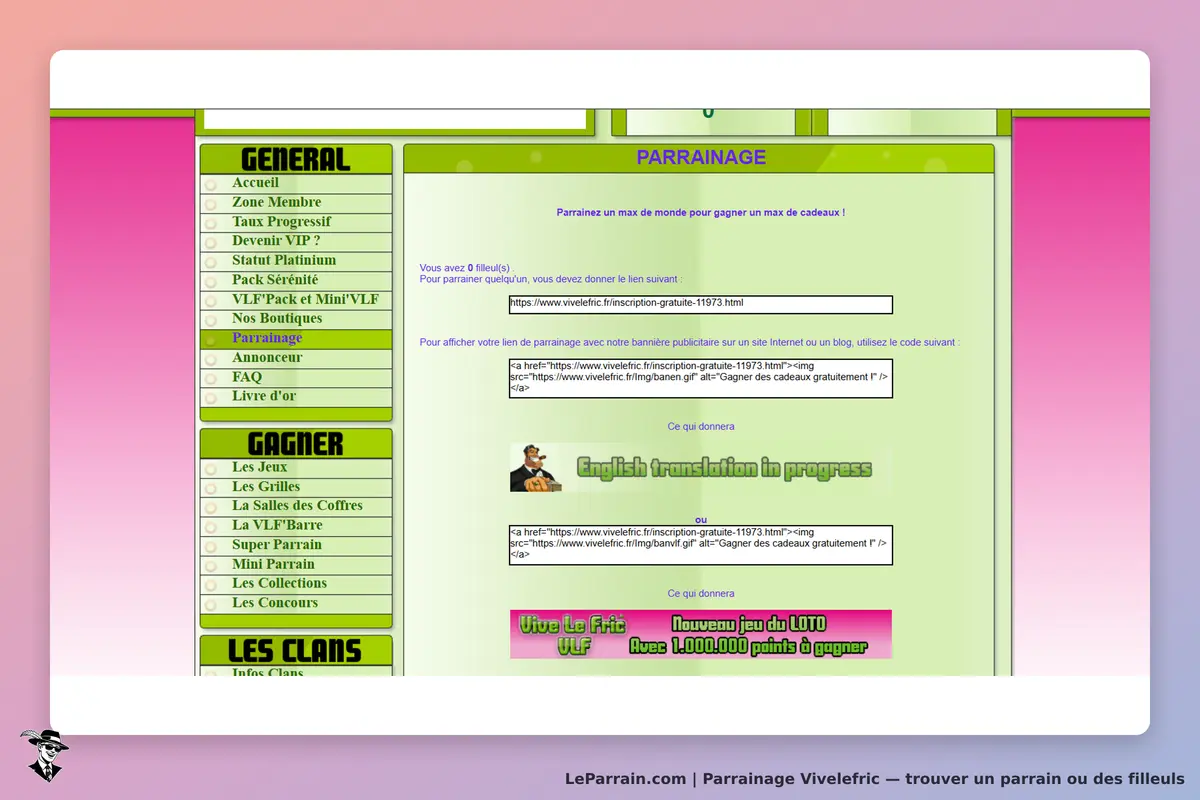 Vivelefric : page de parrainage avec formulaire et liens pour partager des invitations
