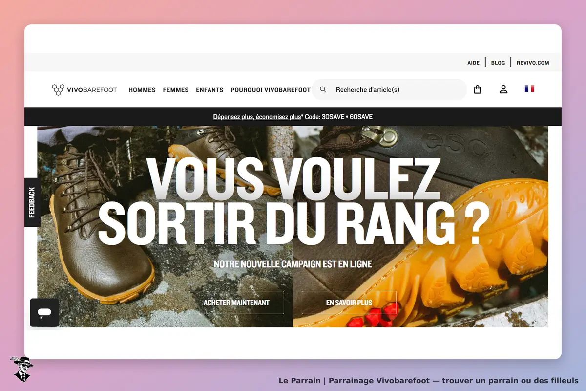 Vivobarefoot : page d'accueil avec des chaussures et un message promotionnel en surimpression