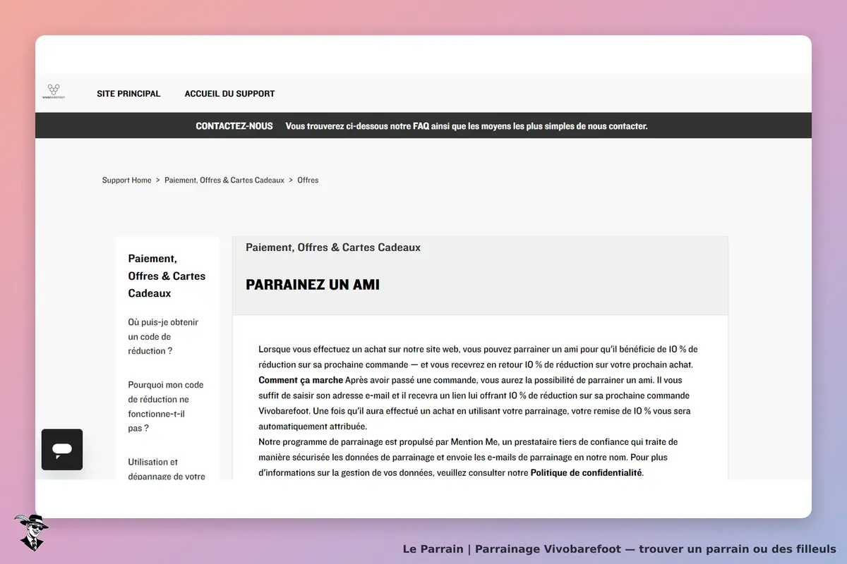 Vivobarefoot : page d'assistance sur le parrainage et les offres de réduction
