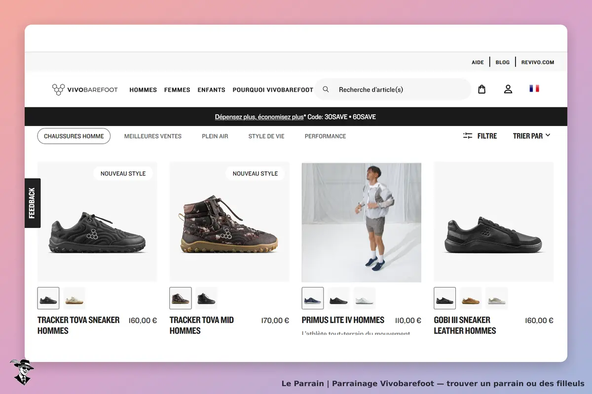 Vivobarefoot : page d'accueil affichant des chaussures pour hommes avec images et descriptions