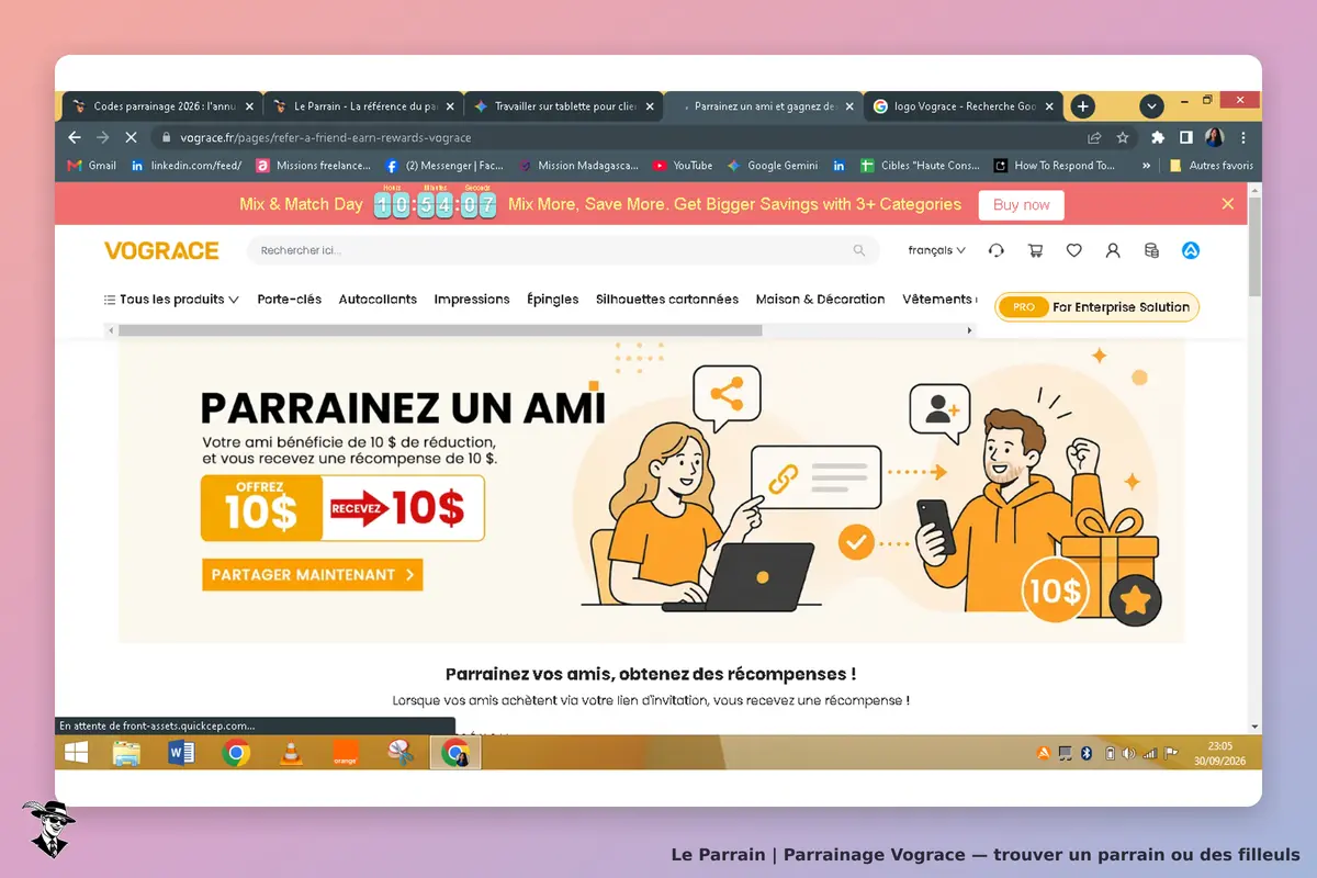 Vograce : page d'accueil avec un programme de parrainage illustré par des personnages