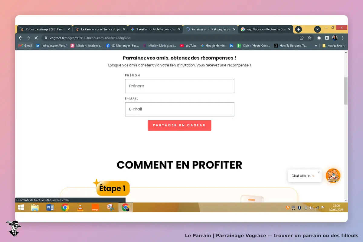 Vograce : formulaire de parrainage avec champs pour prénom et e-mail, étape 1 visible
