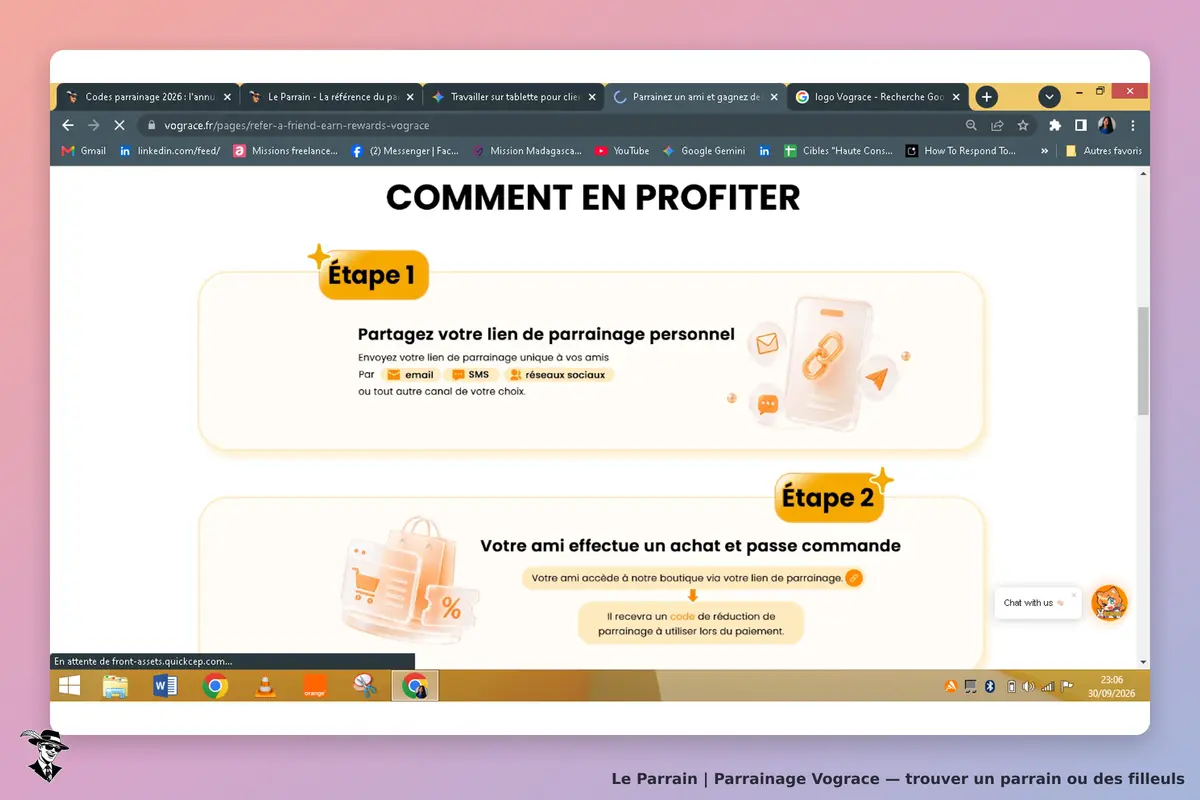 Vograce : étapes du parrainage avec instructions et icônes de partage sur fond clair