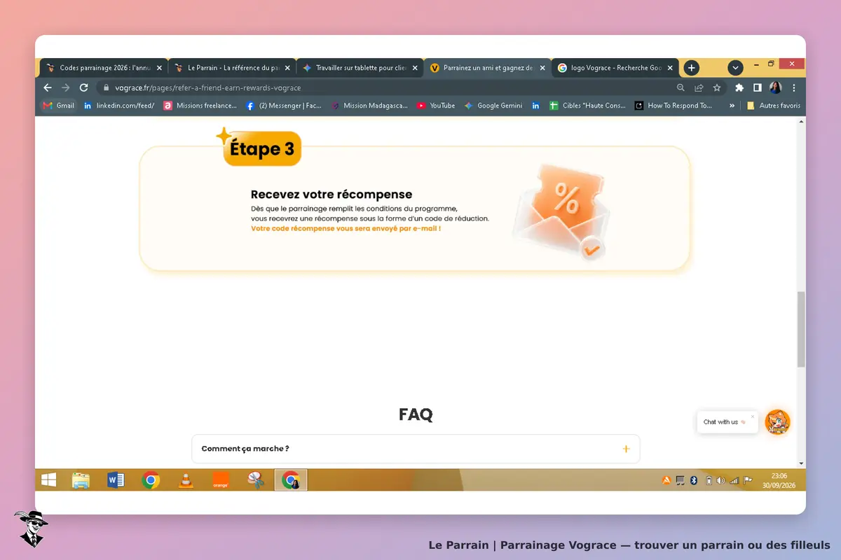 Vograce : étape 3 d'un programme, information sur la réception d'une récompense par email