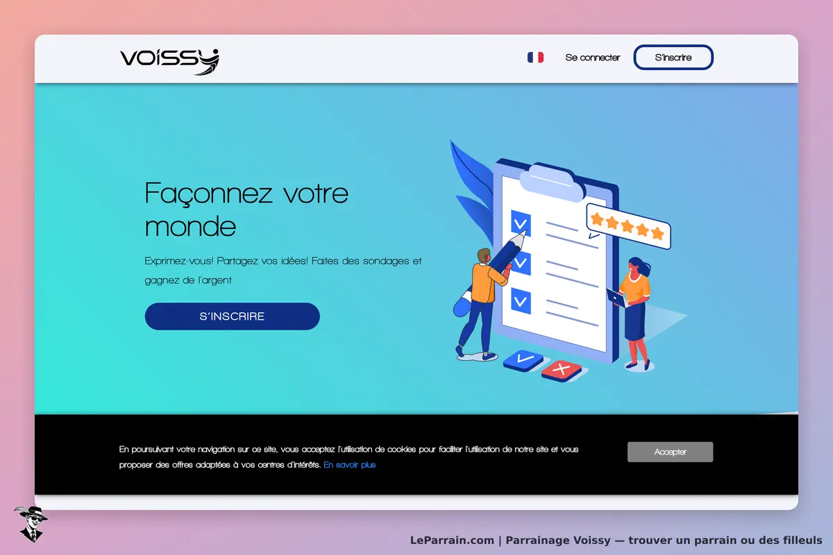Voissy : page d'accueil avec un formulaire et des personnages interagissant avec des sondages