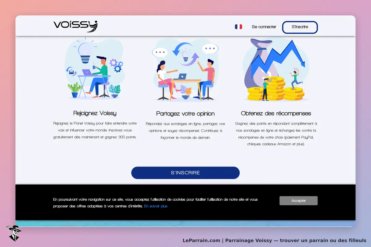 Voissy : page d'accueil avec trois sections illustrées sur l'inscription et les récompenses