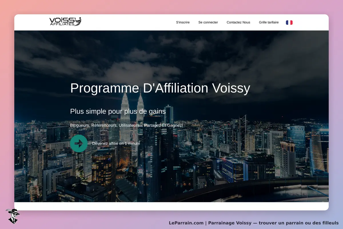 Voissy : page d'accueil du programme d'affiliation avec vue urbaine nocturne