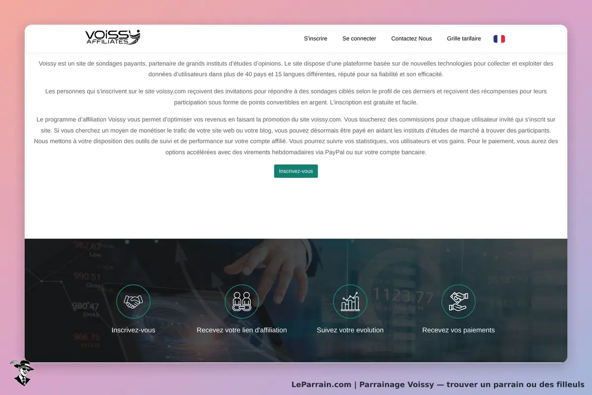 Voissy : page d'accueil présentant le programme d'affiliation et ses fonctionnalités