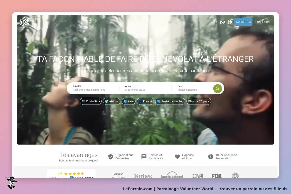 Volunteer World : page d'accueil avec un formulaire de recherche et des images de bénévoles en