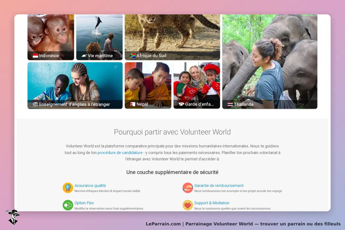 Volunteer World : page d'accueil avec images de projets et explications sur le bénévolat