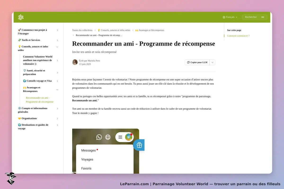 Volunteer World : page sur le programme de parrainage avec texte explicatif et menu latéral