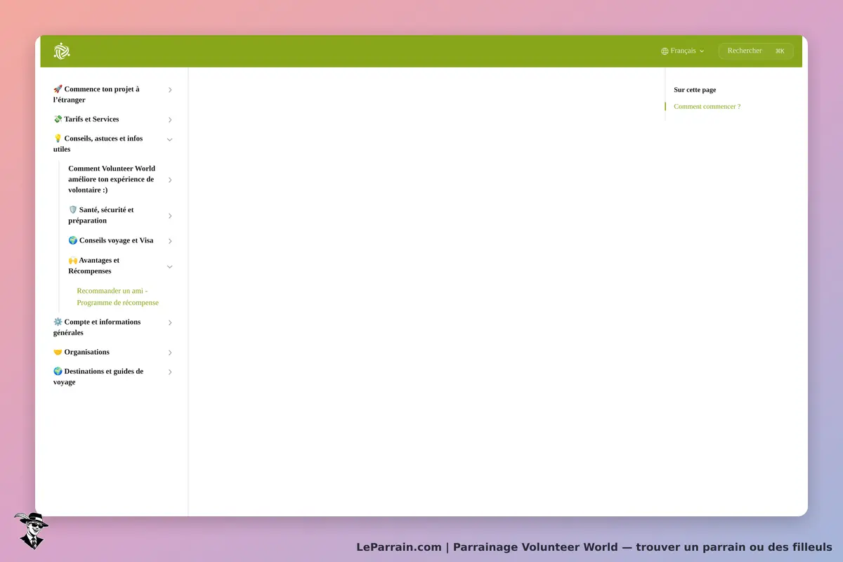 Volunteer World : menu latéral avec options sur le volontariat et informations utiles