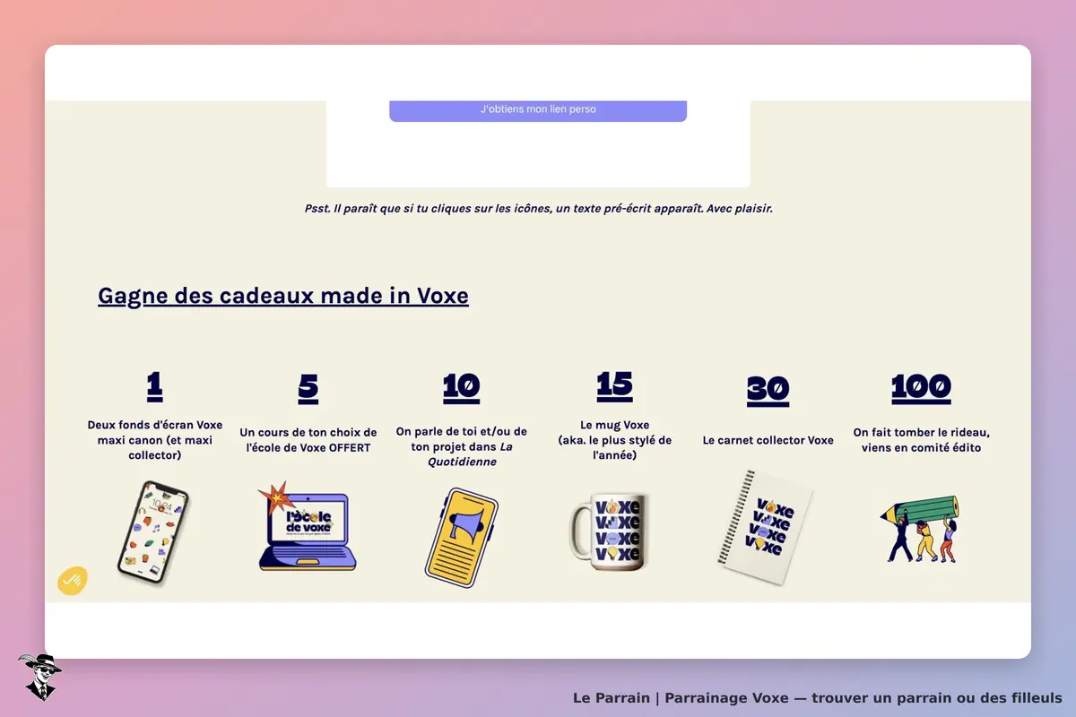 Page officielle Voxe montrant les six paliers de recommandation et leurs cadeaux : fonds d’écran, cours, présentation éditoriale, mug, carnet et comité éditorial.