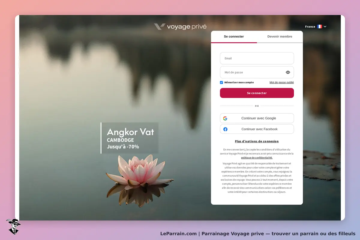 Voyage prive : voyage privé : page d'accueil avec une image de lotus et un formulaire de connexion