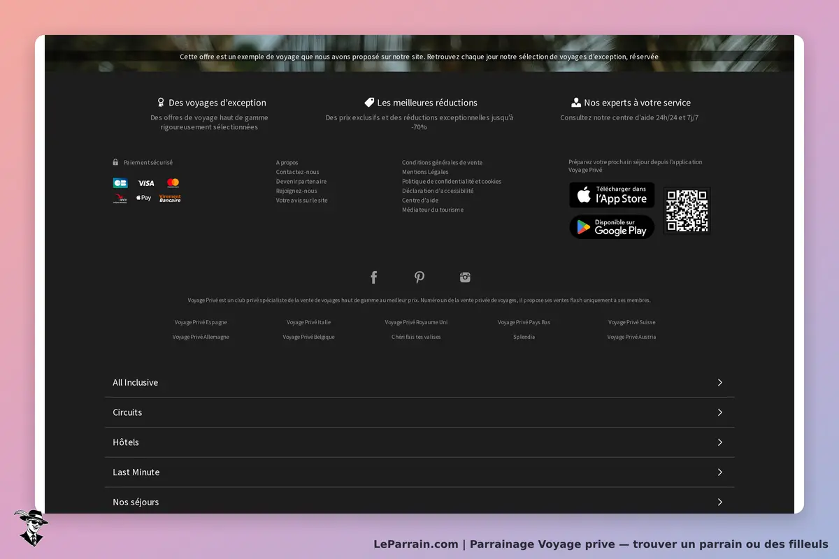 Voyage prive : voyage Privé : pied de page avec options de navigation et informations de contact