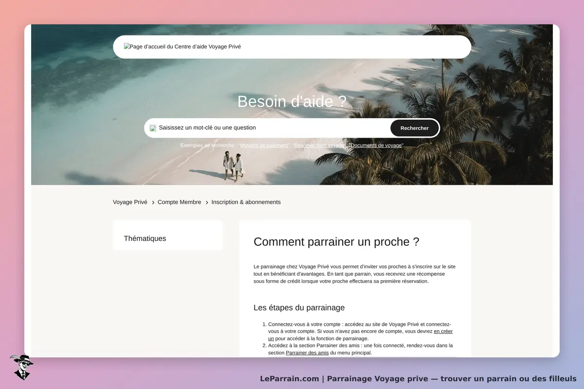 Voyage prive : voyage Privé : page d'accueil du Centre d'aide avec un formulaire de recherche et