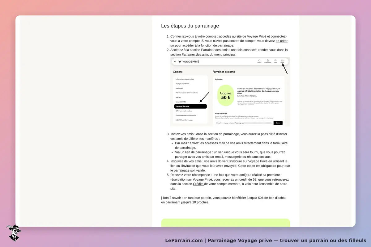 Voyage prive : voyage Privé : étapes du parrainage avec instructions et section pour inviter des