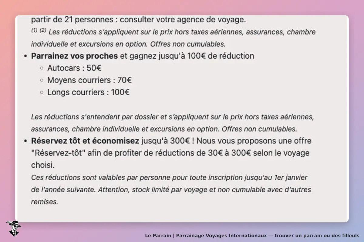 Offre officielle Voyages Internationaux : 50 € autocar, 70 € moyen-courrier ou 100 € long-courrier de réduction par dossier, avec exclusions et non-cumul.