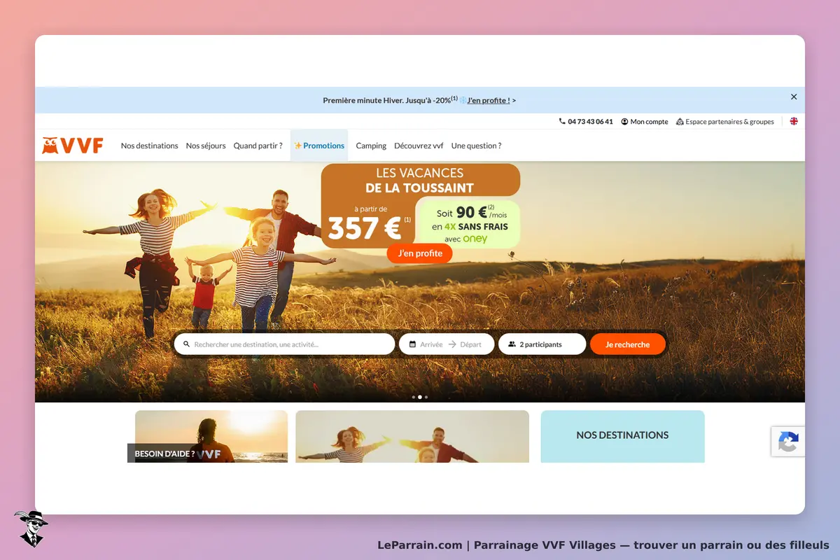 VVF Villages : page d'accueil avec une famille joyeuse dans un paysage ensoleillé