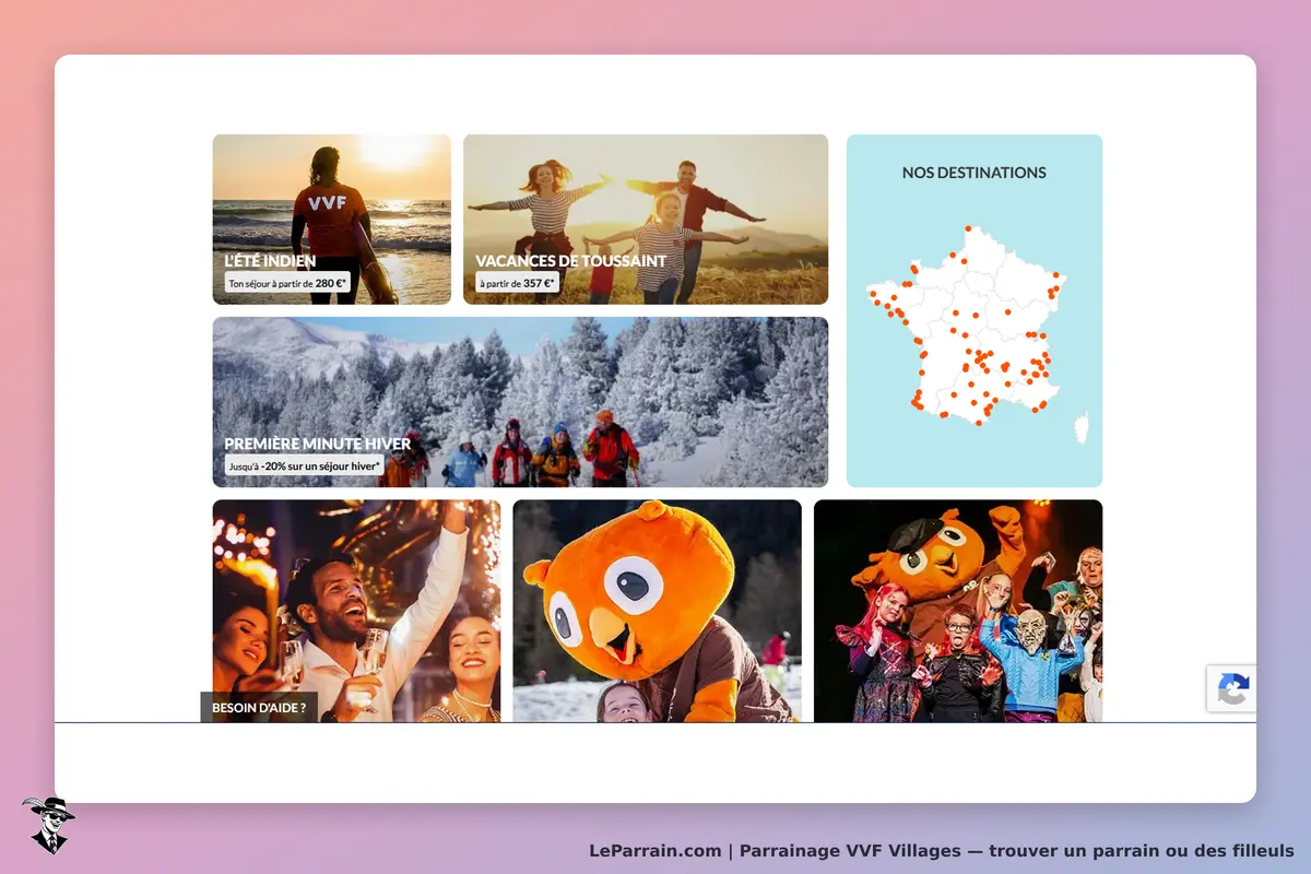 VVF Villages : vVF : page d'accueil avec des images de séjours et une carte des destinations en