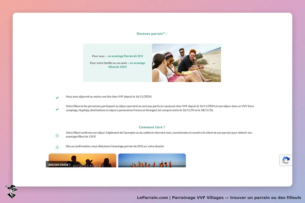 VVF Villages : page d'accueil avec informations sur le parrainage et image de groupe à la plage
